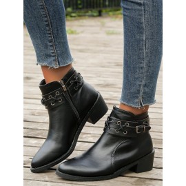 Vintage Plain Wearable Zipper Block Heel Classic Boots Buckle