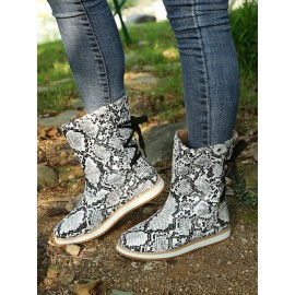 Casual Leopard Snake Print Lace-up Print Boots