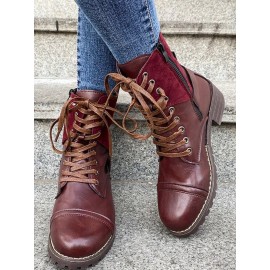 Retro Stitching Lace-up Zipper Boots