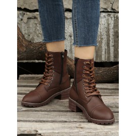 Retro Stitching Lace-up Zipper Boots