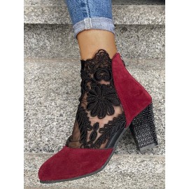 Lace Split Joint Chunky Heel Sandals Boots with Back Zip