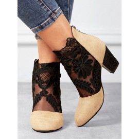 Lace Split Joint Chunky Heel Sandals Boots with Back Zip