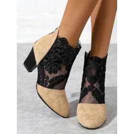 Lace Split Joint Chunky Heel Sandals Boots with Back Zip