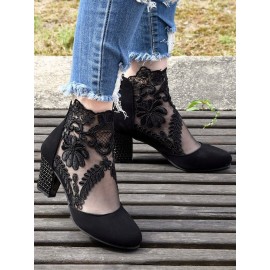 Lace Split Joint Chunky Heel Sandals Boots with Back Zip