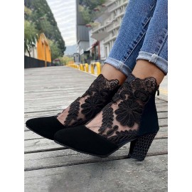 Lace Split Joint Chunky Heel Sandals Boots with Back Zip