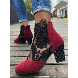 Lace Split Joint Chunky Heel Sandals Boots with Back Zip