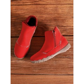 Faux Leather Panel Zip and Fleece Soft Ankle Ankle Boots