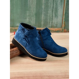 Comfortable Soft Leather Bow Round Toe Low Heel Booties