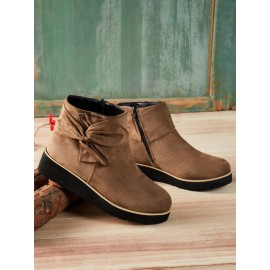Comfortable Soft Leather Bow Round Toe Low Heel Booties
