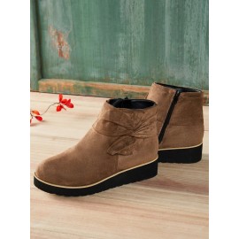 Comfortable Soft Leather Bow Round Toe Low Heel Booties