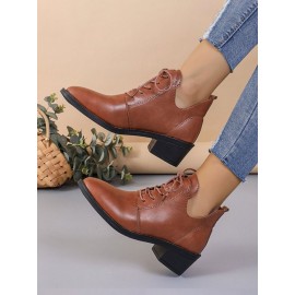 Vintage Plain Non-Slip Lace-Up Block Heel Classic Boots
