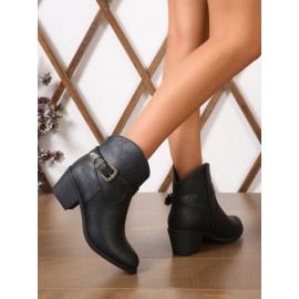 Vintage Plain Non-Slip Zipper Block Heel Cowboy Boots Buckle