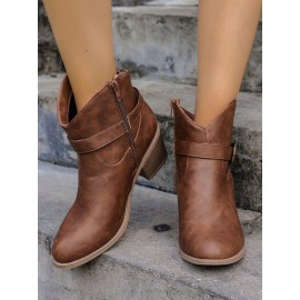Vintage Plain Non-Slip Zipper Block Heel Cowboy Boots Buckle