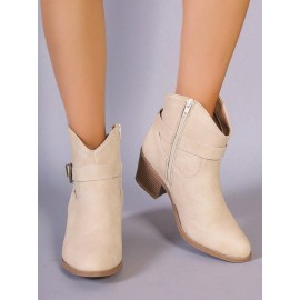Vintage Plain Non-Slip Zipper Block Heel Cowboy Boots Buckle