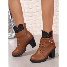 Vintage Color Block Wearable Zipper Block Heel Classic Boots Split Joint