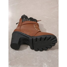 Vintage Color Block Wearable Zipper Block Heel Classic Boots Split Joint