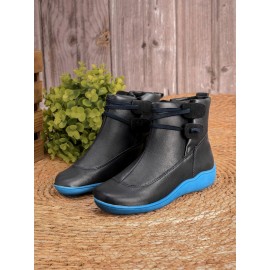Women Casual Soft Braided Strap Lether PU Flat Heel Snow Boots