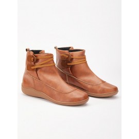 Women Casual Soft Braided Strap Lether PU Flat Heel Snow Boots