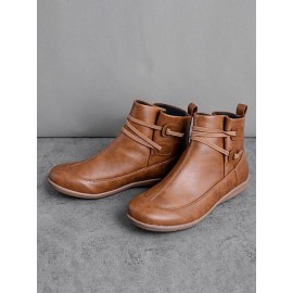 Women Casual Soft Braided Strap Lether PU Flat Heel Snow Boots