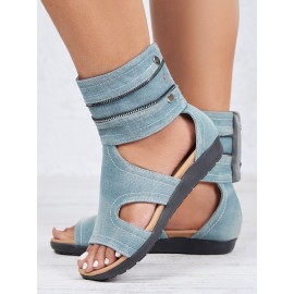 Blue Hollow out Button Denim Sandals Boots