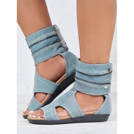 Blue Hollow out Button Denim Sandals Boots