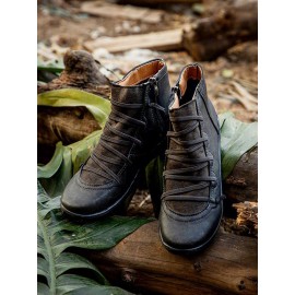 Women Lether Fall Flat Heel PU Boots