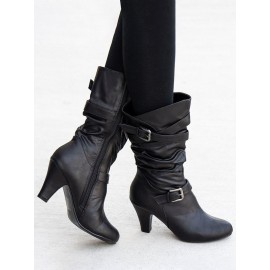 Casual Ruched Buckle Chunky Heel Boots
