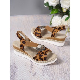 Vacation Leopard Breathable Slip On Block Heel Espadrille Sandals Metal