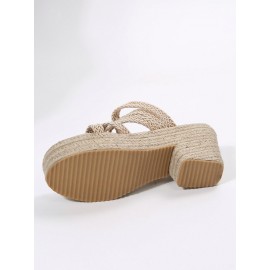 Multi Braided Straps Platform Chunky Heel Espadrille Sandals