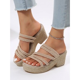 Multi Braided Straps Platform Chunky Heel Espadrille Sandals