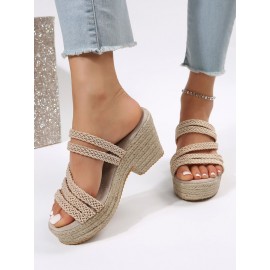 Multi Braided Straps Platform Chunky Heel Espadrille Sandals