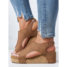 Rivet Hook and Loop Wedge Heel Sandals