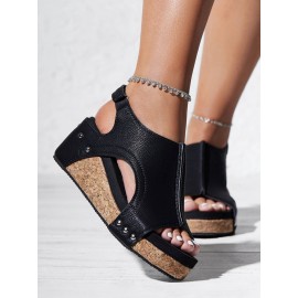 Rivet Hook and Loop Wedge Heel Sandals