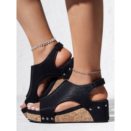Rivet Hook and Loop Wedge Heel Sandals