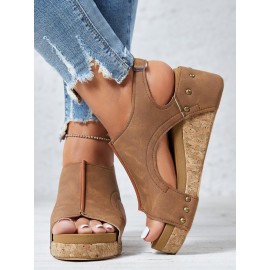 Rivet Hook and Loop Wedge Heel Sandals