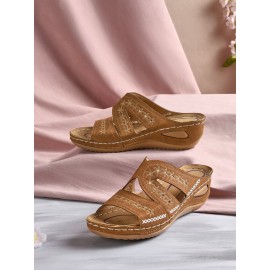 Floral Embroidered Cutout Boho Casual Wedge Slides