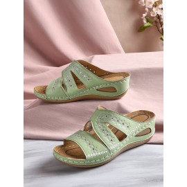 Floral Embroidered Cutout Boho Casual Wedge Slides