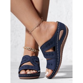 Floral Embroidered Cutout Boho Casual Wedge Slides