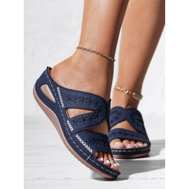 Floral Embroidered Cutout Boho Casual Wedge Slides