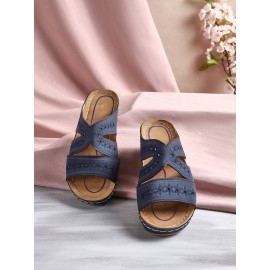 Floral Embroidered Cutout Boho Casual Wedge Slides