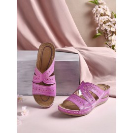 Floral Embroidered Cutout Boho Casual Wedge Slides