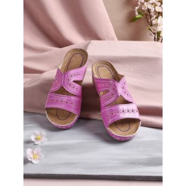 Floral Embroidered Cutout Boho Casual Wedge Slides