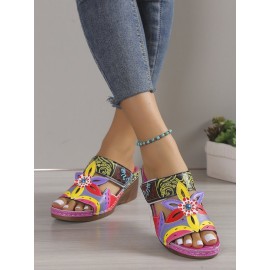 Retro Color Contrast Ethnic Style Flower Hollow Wedge Sandals