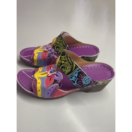 Retro Color Contrast Ethnic Style Flower Hollow Wedge Sandals
