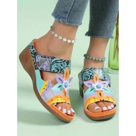Retro Color Contrast Ethnic Style Flower Hollow Wedge Sandals