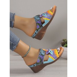 Retro Color Contrast Ethnic Style Flower Hollow Wedge Sandals