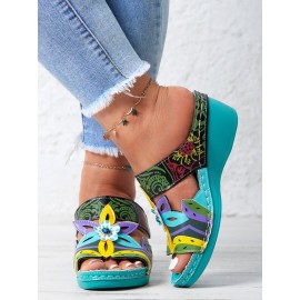 Retro Color Contrast Ethnic Style Flower Hollow Wedge Sandals