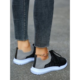 Sports Color Block Breathable Lace-Up Flat Heel Fly Woven Shoes