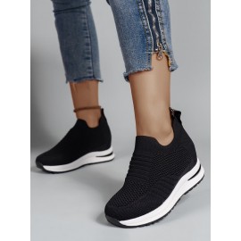 Casual Plain Breathable Slip On Block Heel Fly Woven Shoes