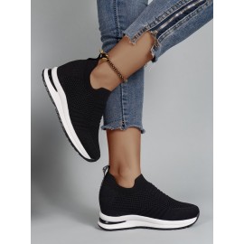 Casual Plain Breathable Slip On Block Heel Fly Woven Shoes